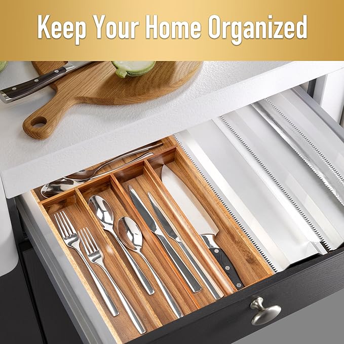 Besilord Silverware Organizer Kitchen Drawer Organizer Utensil Organizer Acacia Silverware Holder Cutlery Organizer in Drawer Flatware Organizer Tray(5 slots, Acacia - Image 3