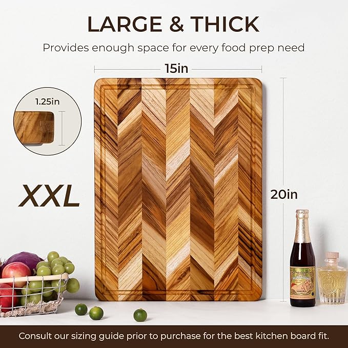 Teak Wood Cutting Board for Kitchen Extra 20'' Large End Grain Heavy Duty Checkered Wooden Cutting Board Non Toxic Herringbone Non Slip Charcuterie Butcher Block with Juice Groove & Handle Gift Box - Image 3