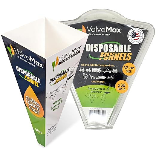 ValvoMax Disposable Funnels, 36-Pack (32oz) – Glossy Cardstock Paper Funnels for Oil Changes, Automotive Fluids, Coolant, and Household Liquids
