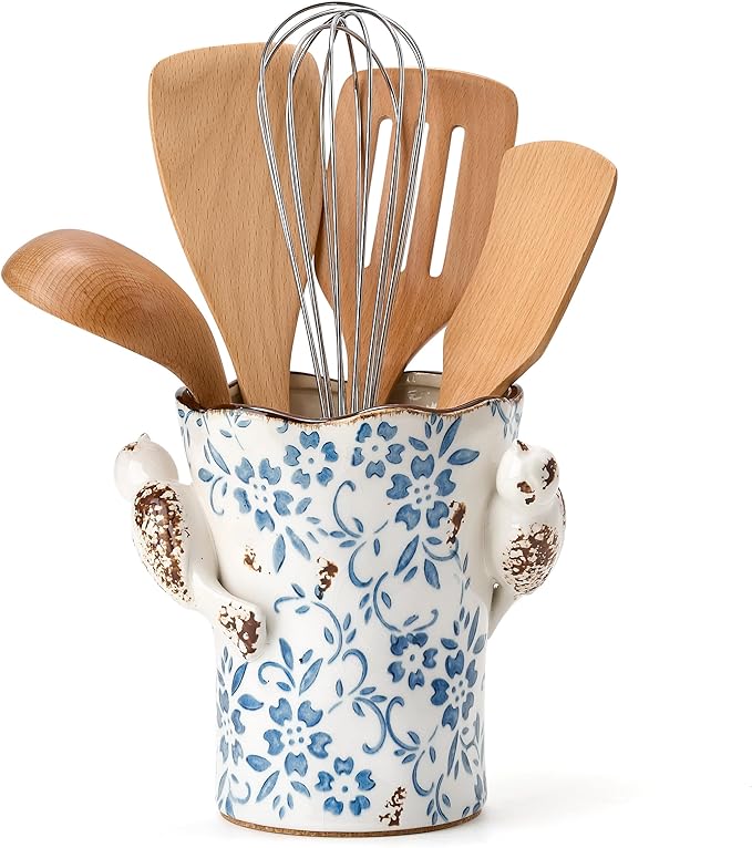 6.34"H Utensil Holder for Kitchen Counter, Modern Farmhouse Cooking Utensil Holder and Crock Home Kitchen Decor, Ceramic Utensil Organizer for Spatula, Ladle, Eggbeater, Rolling Pin- Blue and White by Jemirry