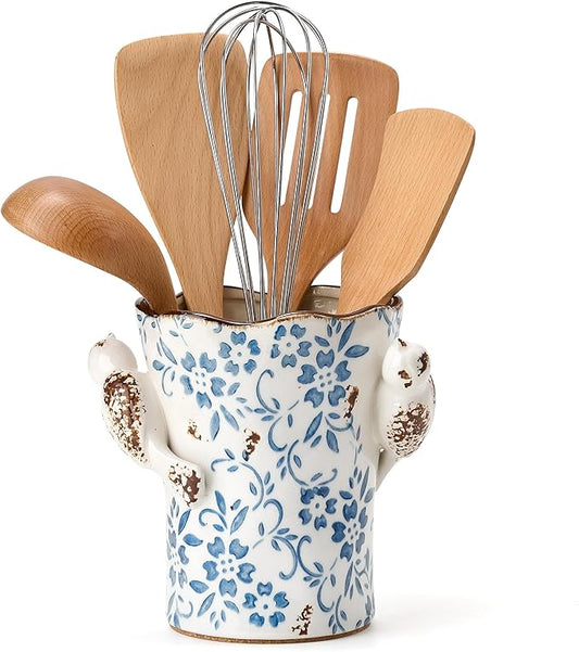 6.34"H Utensil Holder for Kitchen Counter, Modern Farmhouse Cooking Utensil Holder and Crock Home Kitchen Decor, Ceramic Utensil Organizer for Spatula, Ladle, Eggbeater, Rolling Pin- Blue and White by Jemirry