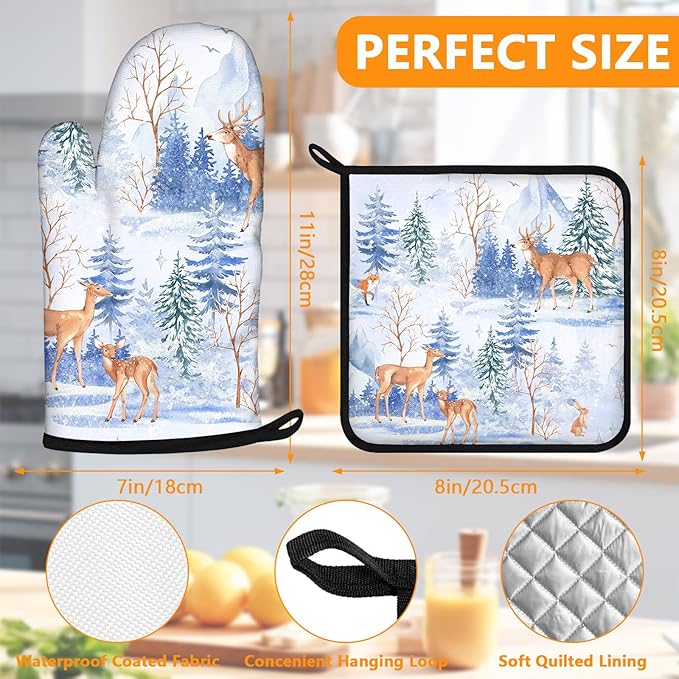 Deer Mitts and Pot Holders Sets 4Pcs,Extra Long Oven Gloves Potholder for Kitchen Cooking Baking BBQ 100% Cotton Heat Resistant - Image 2