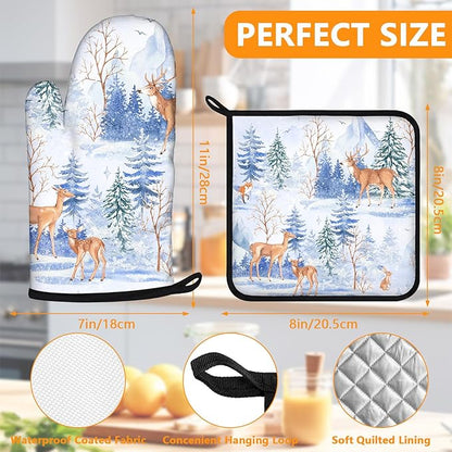 Deer Mitts and Pot Holders Sets 4Pcs,Extra Long Oven Gloves Potholder for Kitchen Cooking Baking BBQ 100% Cotton Heat Resistant - Image 2