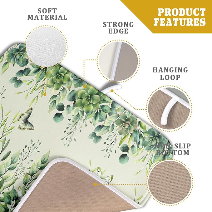 Giwawa Spring Summer Leaf Dish Drying Mat for Countertop, 16"x18" Eucalyptus Leaves Butterfly Dish Drainer Mats, Sage Green Fast Dry Microfiber Large Dish Drying Pad Decoration