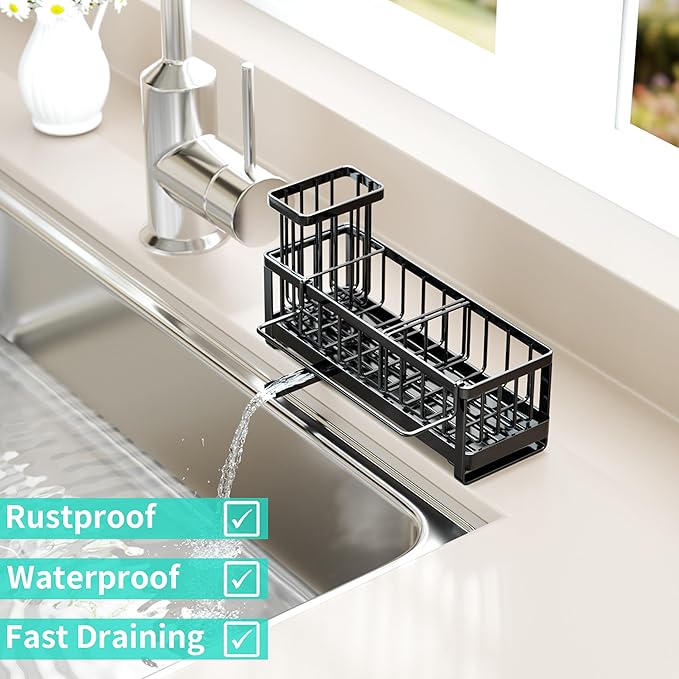 HapiRm Sponge Holder for Kitchen Sink - Self-draining Sink Caddy with Brush and Dishcloth Holders, Stainless Steel Kitchen Countertop Organizers and Storage Essentials - Black - Image 6
