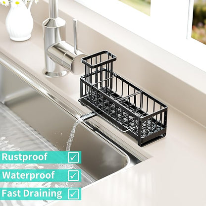 HapiRm Sponge Holder for Kitchen Sink - Self-draining Sink Caddy with Brush and Dishcloth Holders, Stainless Steel Kitchen Countertop Organizers and Storage Essentials - Black - Image 6