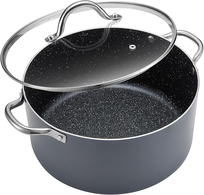 BEZIA 8 Quart Cooking Pot, Large Non Stick Induction Stock Pots with Lid, All Stove Compatible, 8 QT Aluminum Soup/Stew Pot For Families of 3–5, Grey by BEZIA