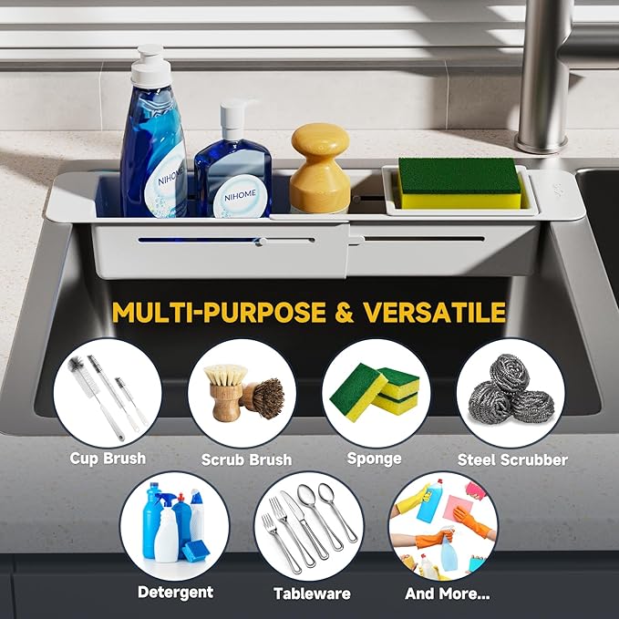 NiHome Extendable Over Sink Kitchen Organizer, Small Telescopic Brush Storage Rack for Sponge, Non-Slip Pads Expandable Sink Caddy, Adjustable Sponge/Brush Rack with Drainage Durable ABS (Gray) - Image 7