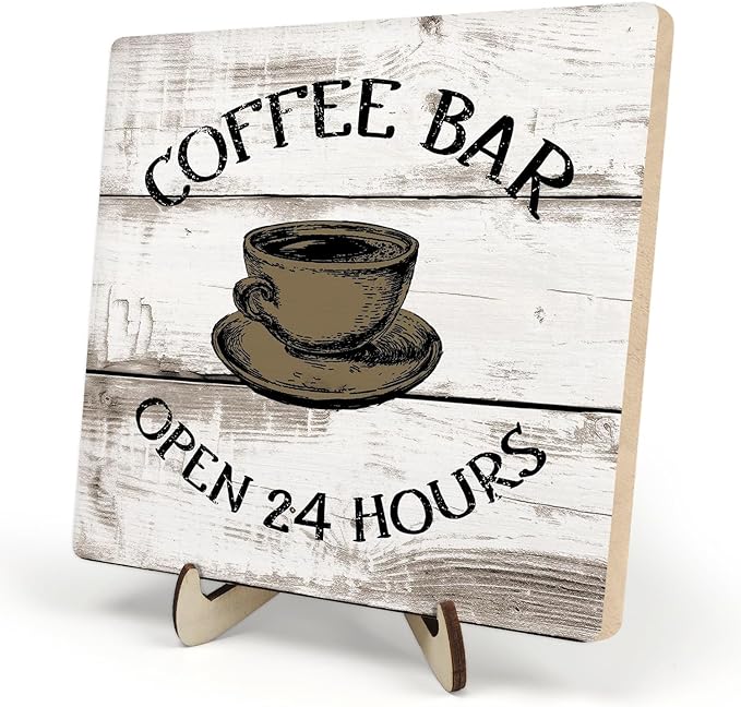 Coffee Bar Sign Plaque, Vintage Farmhouse Coffee Station Decor – 24 Hours Open Bar Plaque for Cafe, Home or Office, Rustic Kitchen Wall Art, CoffeeShop Accessories by DMADNF
