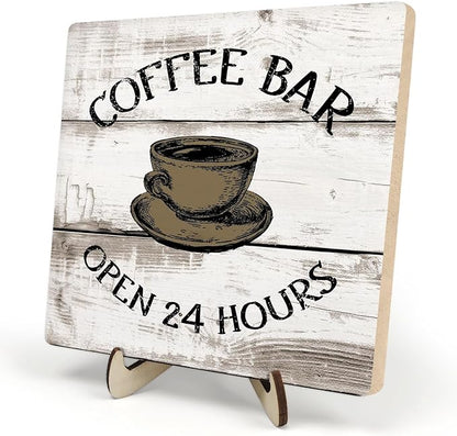 Coffee Bar Sign Plaque, Vintage Farmhouse Coffee Station Decor – 24 Hours Open Bar Plaque for Cafe, Home or Office, Rustic Kitchen Wall Art, CoffeeShop Accessories by DMADNF