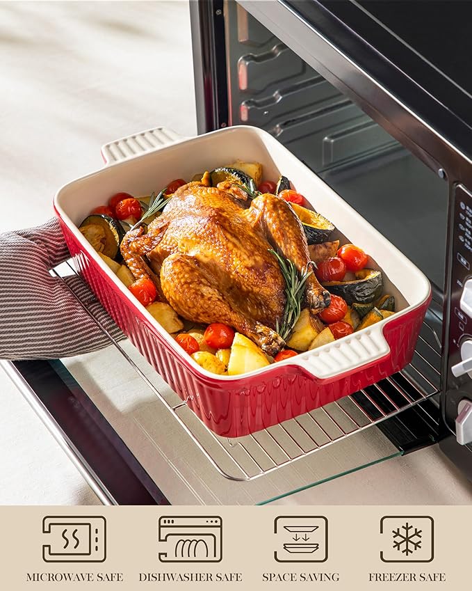 MALACASA 4.4 QT Baking Dish, 9x13 Large Casserole Dish for Oven, Ceramic Baking Pan, Rectangular Lasagna Pan Deep with Handles for Baking, Durable Microwave Oven Safe, Red, Series BAKE-BAKE - Image 4