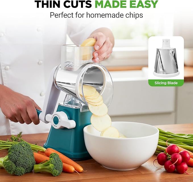 NutriChef 3 in 1 Cheese Grater & Shredder | Strong Suction Base, Rotary Handle with Safety Lock | Includes Hand Crank & 3 Drum Blades for 3 Textures, Fine, Medium & Strips | Green - Image 6