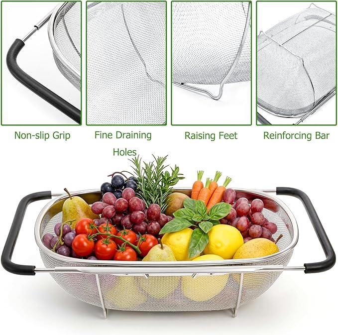 Suwimut 2 Pack Over the Sink Oval Colander for Kitchen, Stainless Steel Fine Mesh 6 Quart Strainer Basket with Expandable Rubber Grip Handles for Straining, Draining, Rinsing Fruits, Vegetables - Image 3