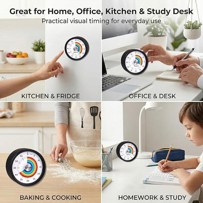Searon Quiet Visual Timer with Magnet, Countdown Timer with Rainbow Disk and LED Alert, Easy Time Management for Home, Office, Kitchen & Study Desk (Black)