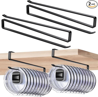 2 Pack Tumbler Lid Organizer, Cup Lid Holder for 24 Lids Under Cabinet, Space Saving Hook for Kitchen Storage and Coffee Cups, No Drilling, Carbon Steel,(Black)