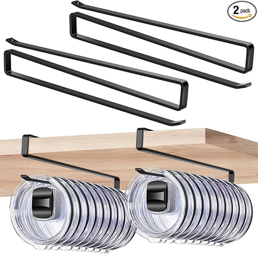 2 Pack Tumbler Lid Organizer, Cup Lid Holder for 24 Lids Under Cabinet, Space Saving Hook for Kitchen Storage and Coffee Cups, No Drilling, Carbon Steel,(Black)