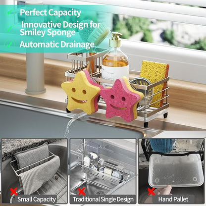 HapiRm Sink Caddy Sponge Holder - Self-draining Kitchen Sink Organizer with Smiley Face and Brush Holder, Stainless Steel Kitchen Sponge Caddy for Countertop - Brushed Nickel - Image 7