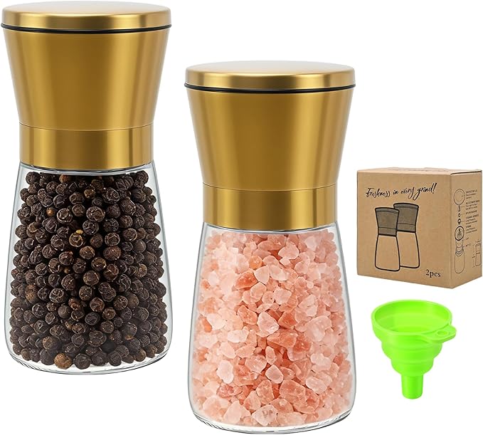 R DRURLCD Short Manual Gold Salt and Pepper Grinder Set of 2 with Funnel, Adjustable Coarseness Shiny Gold Cap Sea Salt Pepper Mill Refillable with Magnetic Lid, Kitchen Decoration Gift