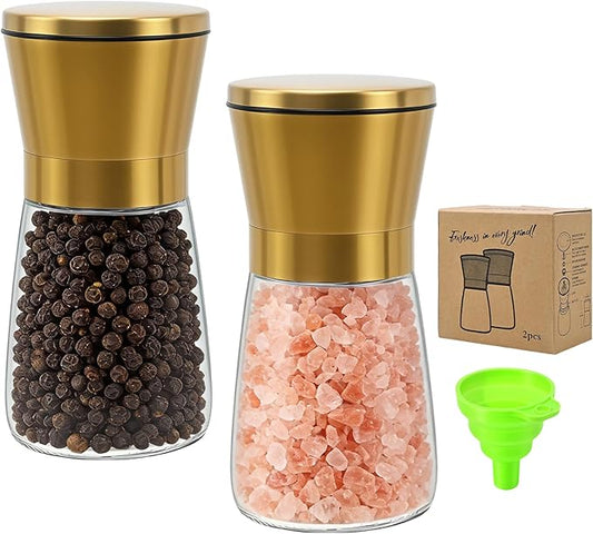 R DRURLCD Short Manual Gold Salt and Pepper Grinder Set of 2 with Funnel, Adjustable Coarseness Shiny Gold Cap Sea Salt Pepper Mill Refillable with Magnetic Lid, Kitchen Decoration Gift