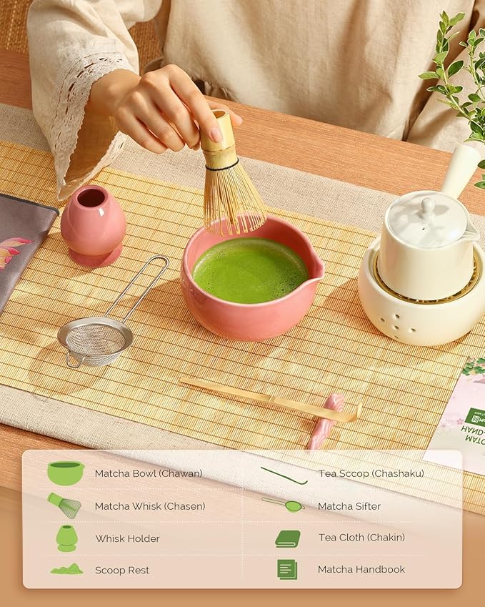 Maestri House Pink Matcha Whisk Set, 7-Pc Complete Matcha Kit with Spouted Ceramic Bowl, Bamboo Whisk and Holder, Scoop, Spoon Rest & Sifter, Tea Cloth – Ideal Gift for Matcha Lovers (Pink) - Image 2