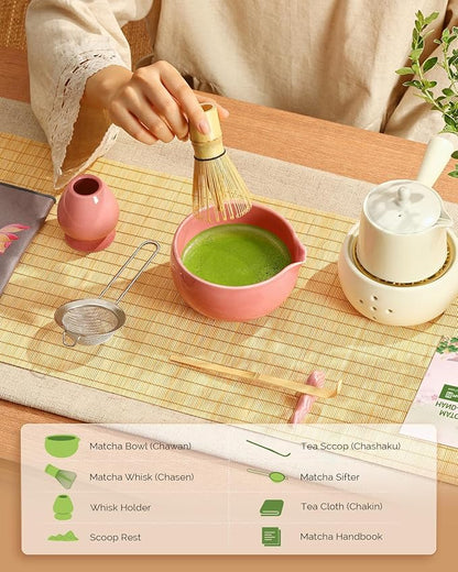 Maestri House Pink Matcha Whisk Set, 7-Pc Complete Matcha Kit with Spouted Ceramic Bowl, Bamboo Whisk and Holder, Scoop, Spoon Rest & Sifter, Tea Cloth – Ideal Gift for Matcha Lovers (Pink) - Image 2