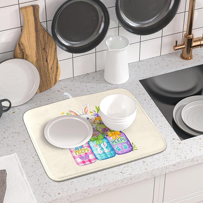 Easter Bunny Carrots Dish Drying Mat for Kitchen Counter,Spring Colorful Flowers Mason Jar Drying Mat 16 x 18 Inch with Absorbent Reversible Microfiber Drying Pad for Coffee Bar - Image 6