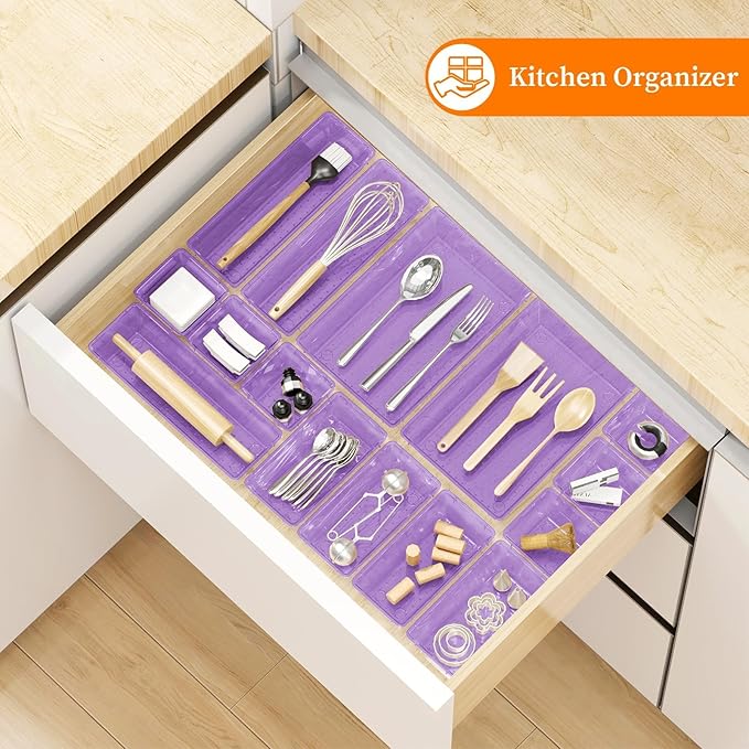 StorMiracle 32 PCS Clear Plastic Drawer Organizer Set, 4-Size vanity organizer Trays and Storage Bins for Makeup, Jewelry and Gadgets in Bedroom, Bathroom and Office, Clear Purple - Image 7