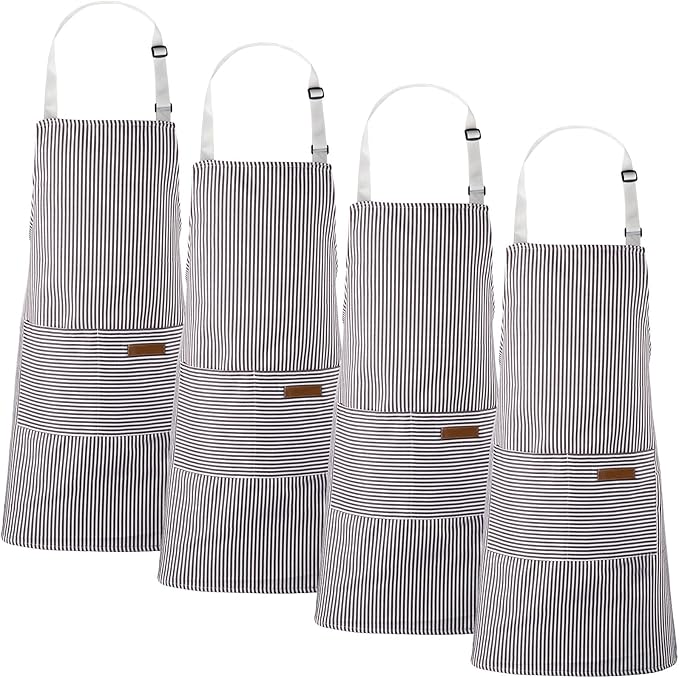 Handepo 4 Pcs Kitchen Aprons with Pockets Adjustable Waterproof Cotton Aprons Striped Apron for Women Men Chef Mother Gift by Handepo