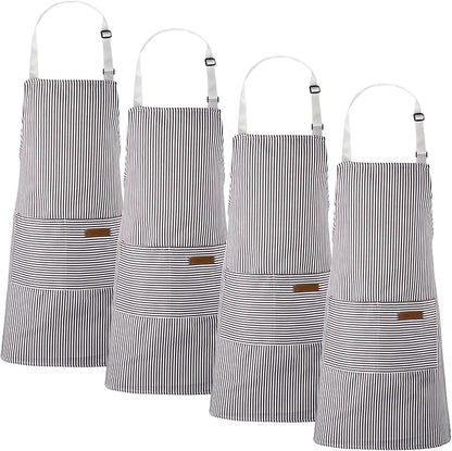 Handepo 4 Pcs Kitchen Aprons with Pockets Adjustable Waterproof Cotton Aprons Striped Apron for Women Men Chef Mother Gift by Handepo