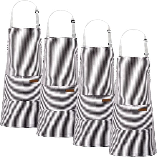 Handepo 4 Pcs Kitchen Aprons with Pockets Adjustable Waterproof Cotton Aprons Striped Apron for Women Men Chef Mother Gift by Handepo