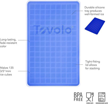 Tovolo Mini Ice Cube Tray with Lid Small Tiny Ice Maker for Freezer, Silicone Mini Ice Cube Tray Small Square Nugget Ice Makes 135 Tiny Cubes BPA Free Stackable Dishwasher Safe Stratus Blue Trays