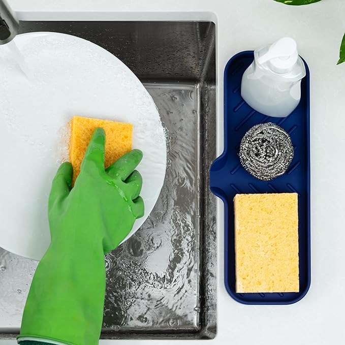 Zulay Kitchen Large Silicone Sponge Holder (12x4) – Flexible Sink Organizer Tray for Kitchen & Bathroom – Multipurpose Soap Dish for Sponges, Makeup, Trinkets & More (Dark Blue) - Image 3