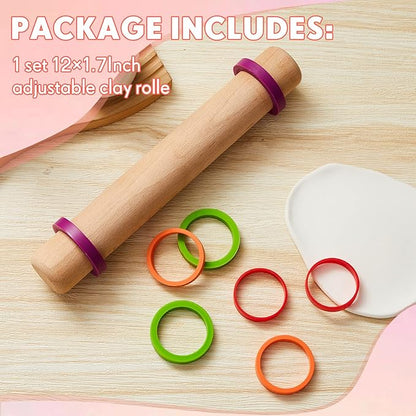 Ireer Adjustable Rolling Pin with Thickness Rings 12 Inch Wood Rolling Pin Wooden Round Tube Roller Clay Tool Pottery Rolling Mud Stick with Spacer Bands for Bar Art DIY Ceramics Craft Sculpting