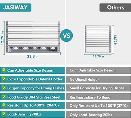 JASIWAY Roll Up Dish Drying Rack, Expandable (12.8"-23.8" D x 12.8" W) Stainless Steel Portable Drainer for Kitchen Sink Counter, Foldable Over The Sink Cover with Removable Utensil Holder - Image 6