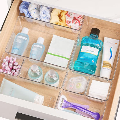 Vtopmart 44 PCS Clear Plastic Drawer Organizers Set, 4-Size Versatile Bathroom and Vanity Organizer Trays, Non-Slip Storage Containers for Makeup, Jewelries, Bedroom，Kitchen Utensils and Office - Image 7