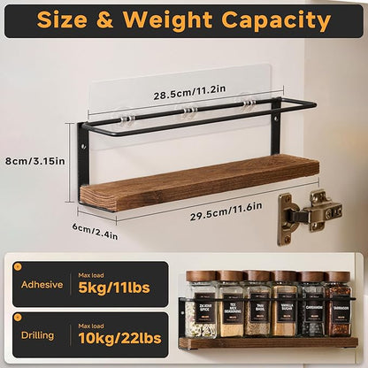 2-Tier Wall Mount Spice Rack Organizer - Screw/Adhesive Mount, Black Metal & Wood Spice Storage for Kitchen Pantry Cabinet, 11.6”L x 2.4”W x 3.2”H,Spice Jars Not Included - Image 3
