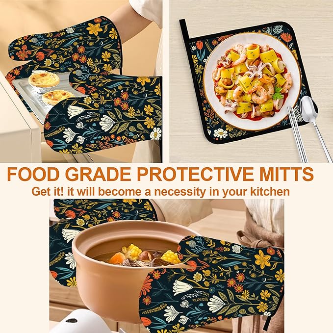 Vintage Flowers Oven Mitts and Heat Resistant Pads - Heat Resistant Gloves Potholder Set of 4 for Cooking, BBQ, Gifts for Women