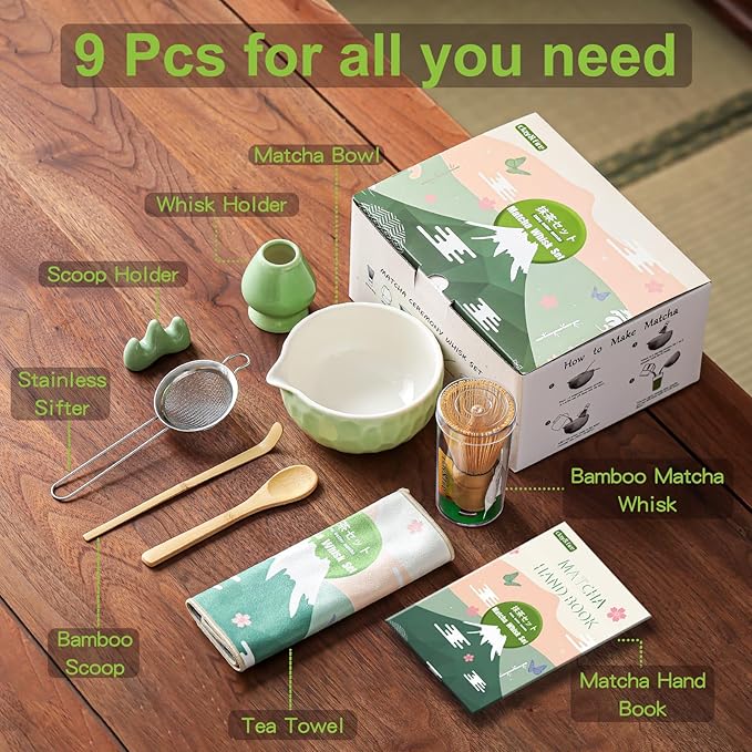 Clay&Fire Matcha Whisk Set, 9 pcs Ceramic Matcha Set, Gifts for Women,Matcha Bowl with Spout and Whisk, Matcha Kit for Matcha Lovers, Ideal Gift Christmas, Birthday, Anniversary(Pink) (Jade Green) - Image 6
