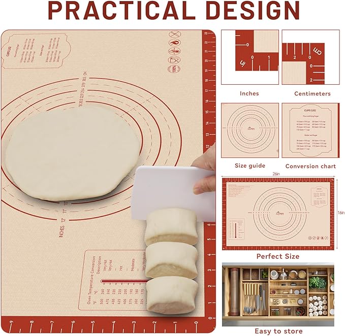 HOTEC Silicone Baking Mat - 26x16 Thickened Pastry Dough Mat with Measurement Non-Stick For Dough Rolling, Bread, Oven Liner, Kitchen Counter, Fondant/Pie Crust - Image 5