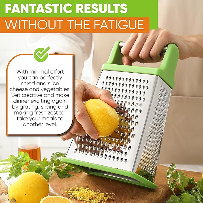 Spring Chef Green Professional Stainless Steel XL Parmesan Cheese Grater with Handle - 4 Sided Box Grater for Kitchen - Dishwasher Safe Food Shredder for Carrot, Potato, Vegetables, Ginger, Hash Brown - Image 7