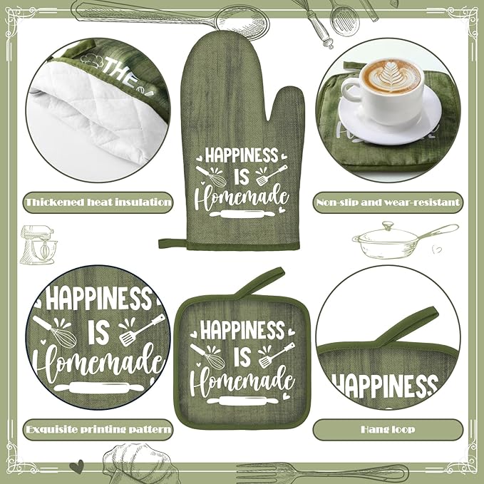 Fourluoo 10 Pcs Farmhouse Kitchen Decor and Accessories Set 4 Kitchen Towels 2 Pot Holders 2 Oven Mitts 2 Rugs for Cooking Baking Mom Housewarming Gifts(Sage Green,Classic Style) - Image 5