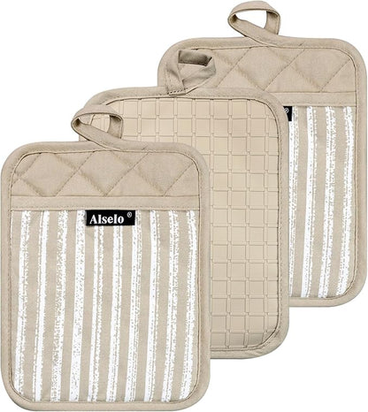Alselo Silicone Pot Holders Set of 3 Heat Resistant & Non Slip Potholders, Professional Oven Hot Pads with Pockets Mitts for Kitchen Cooking Baking Barbecue (Khaki, 3) by Alselo-Enjoyahealthylife