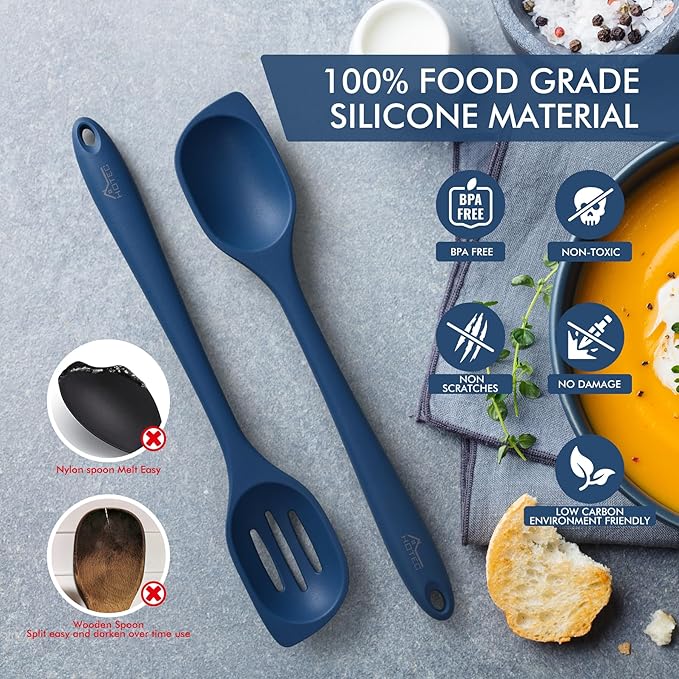 HOTEC 446°F Heat Resistant Silicone Cooking Spoon Spatula, BPA Free Large Kitchen Solid and Slotted Spoons for Mixing, Serving, Scraping, Non-stick, Dishwasher Safe Classic Blue 12.5inch - Image 3