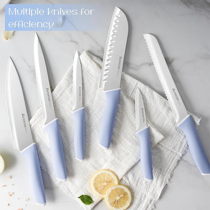 Astercook Kitchen Knife Set with Block and Sharpener 15 Piece German High Carbon Stainless Steel Knives Sharp Blade Dishwasher Safe Deba Knives with Ergonomic Handle, Delicate Blue - Image 4