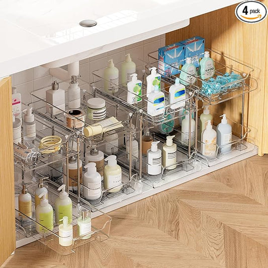Vtopmart 4 Pack 2 Tier Bathroom Under Sink Organizers and Storage, Clear Kitchen Pantry Organization, Pull Out Medicine Cabinet Organizer with Movable Dividers by Vtopmart