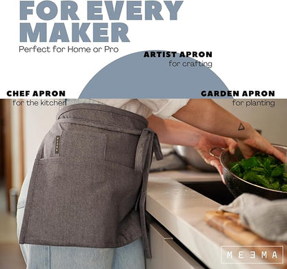 MEEMA Chef Waist Apron Cotton Fabric |Washable & Breathable Waitress & Server Half Aprons for Women with Pockets & Long Waist Straps | Cooking, Baking, Grilling & Crafting