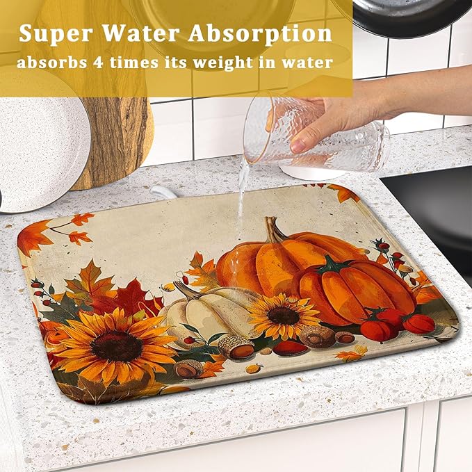 Happy Thanksgiving Day Harvest Dish Drying Mat for Kitchen Counter,Sunflower Maple Leaves Pumpkin Drying Mat 16 x 18 Inch with Absorbent Reversible Microfiber Dish Drying Pad for Coffee Bar - Image 7