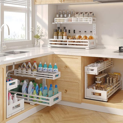 2-Pack 20.47"Deep Under Sink Organizer And Storage,2-Tier L-Shaped Pull Out Cabinet Organizer with Upgraded Slide Rails,Height Adjustable Drawers for Kitchen&Bathroom,Extra-Large Storage Shelves–Gray - Image 5