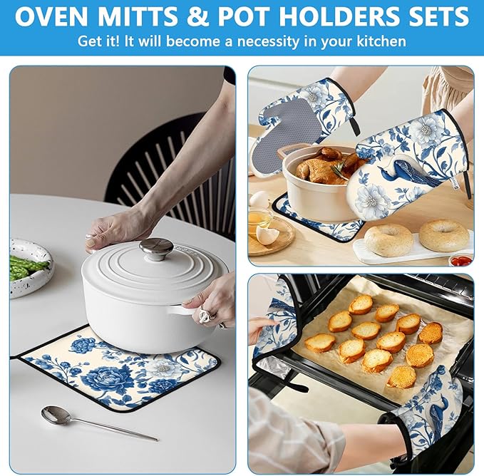 Blue Bird Blooming Flower Oven Mitts and Pot Holders Sets Heat Resistant 4Pcs Potholders Oven Gloves Hot Pads for Kitchen Baking Cooking Grilling BBQ