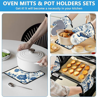 Blue Bird Blooming Flower Oven Mitts and Pot Holders Sets Heat Resistant 4Pcs Potholders Oven Gloves Hot Pads for Kitchen Baking Cooking Grilling BBQ